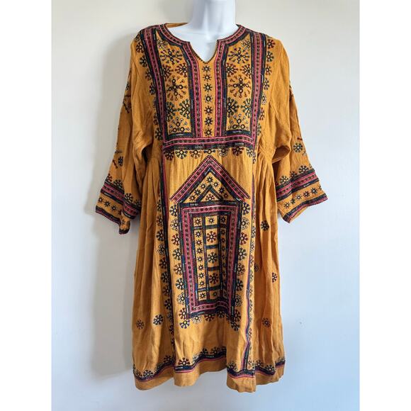 Intropia Dresses & Skirts - Intropia Boho Embroidered Tunic Dress Mustard Yellow Sz 38 Ethnic Folk Style